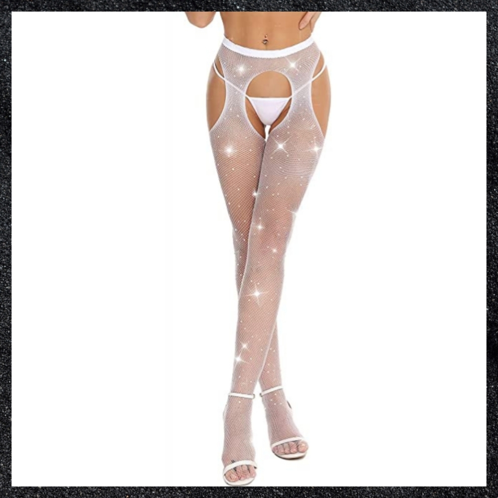 White Rhinestone Fishnet Crotchless Garter Belt Thigh High Pantyhose